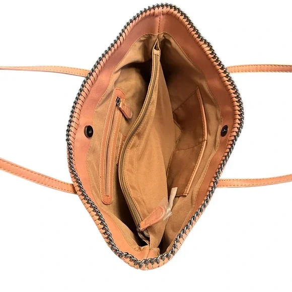 Chico's Marbled Faux Leather Large Tote Bag Blush Tan Brown Metal Chain Trim NEW - Picture 8 of 15